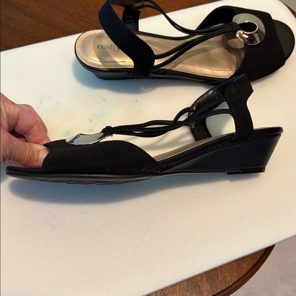 East 5th open toe sling back shoe sandals 1.5” wedge heel fabric black silver - Picture 8 of 11